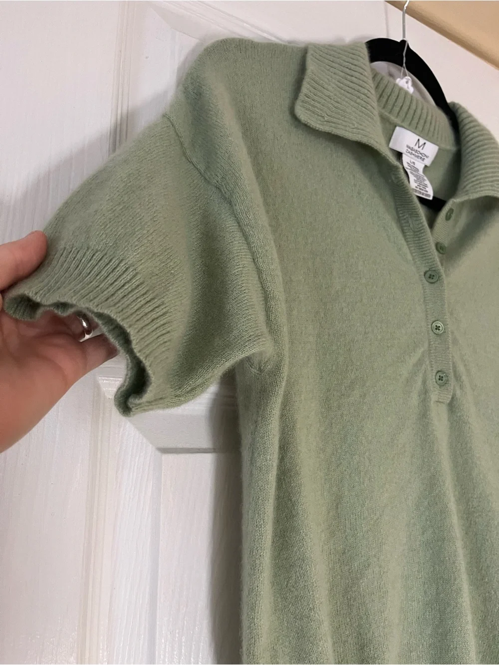 Magaschoni 100% Cashmere Short-Sleeve Polo V-Neck Sweater in Sage Green